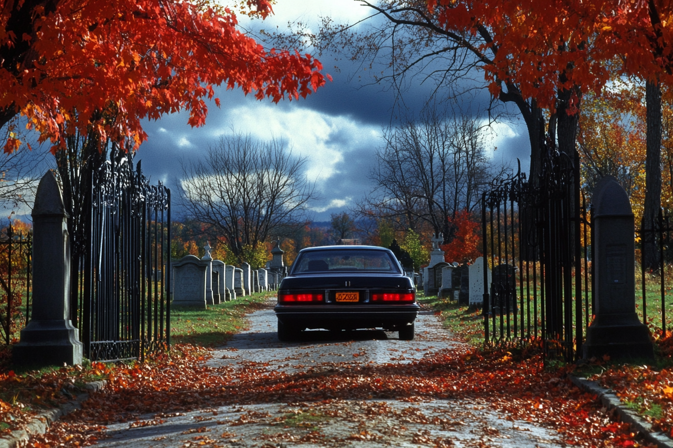 A car driving through cemetery gates | Source: no source
