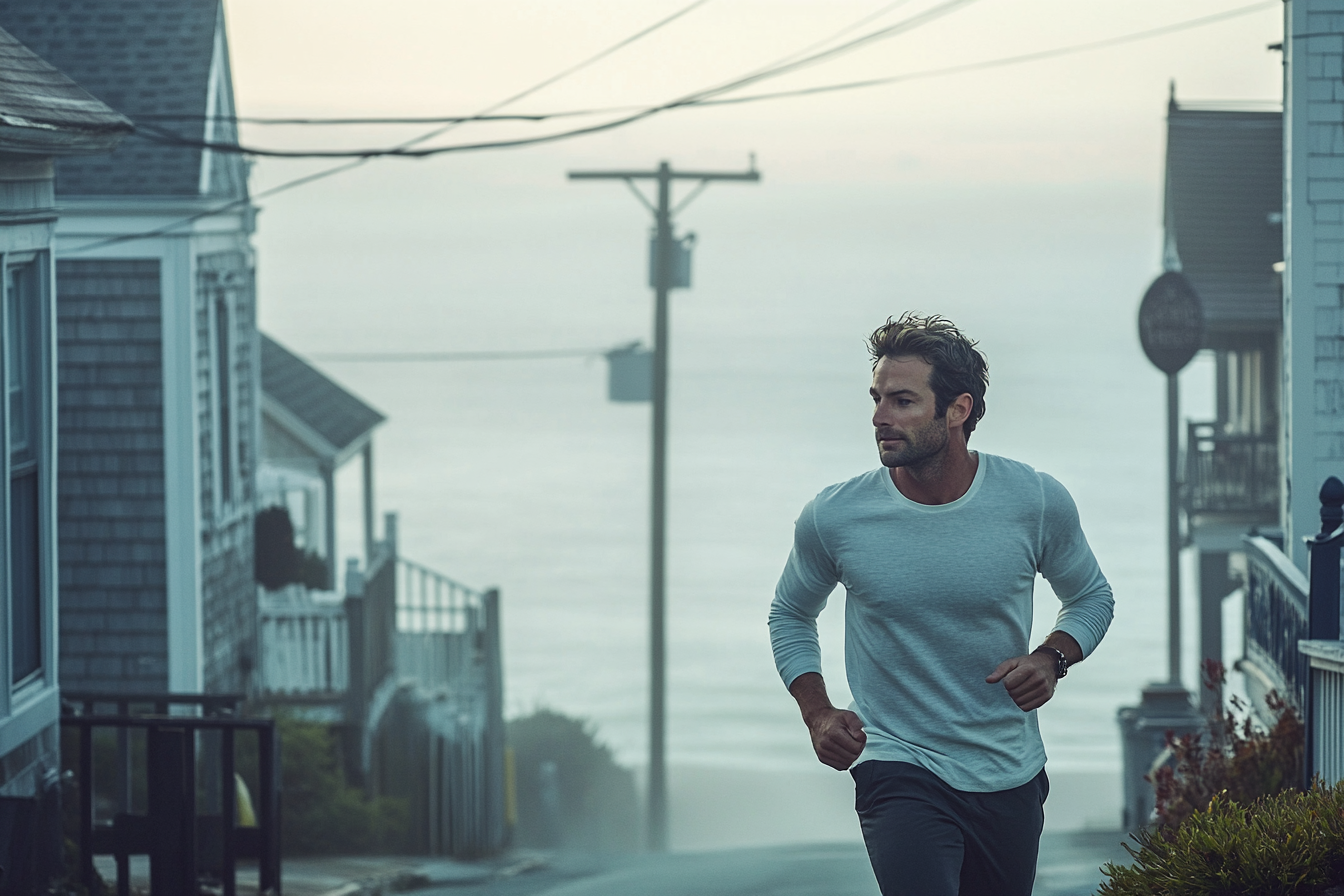 A man jogging down a street | Source: No source