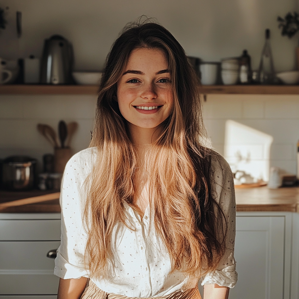 A smiling woman standing in her kitchen | Source: no source