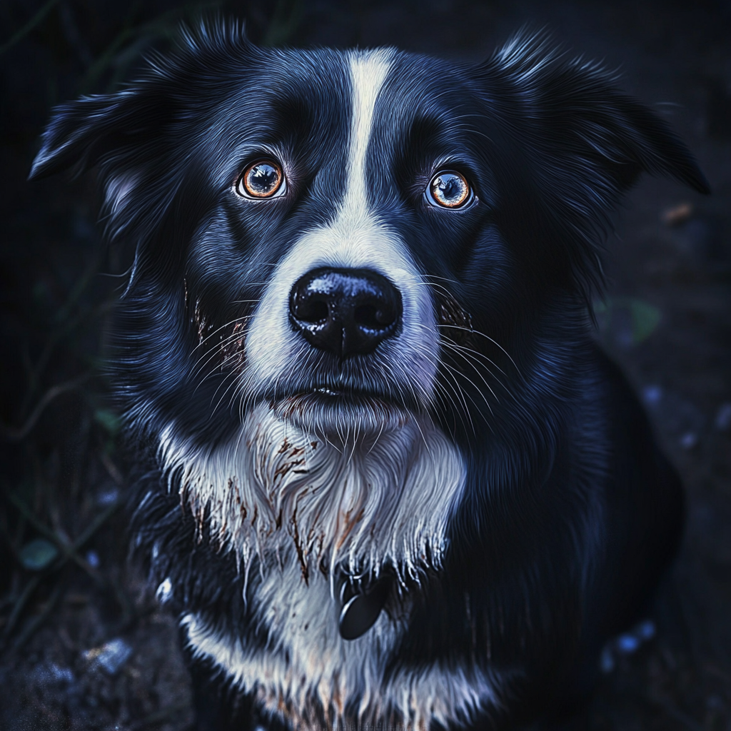 A dog in the woods looking up at someone | Source: no source