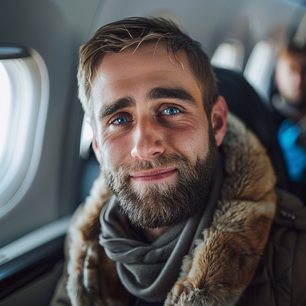 A smiling man sitting by the window in an airplane | Source: No source