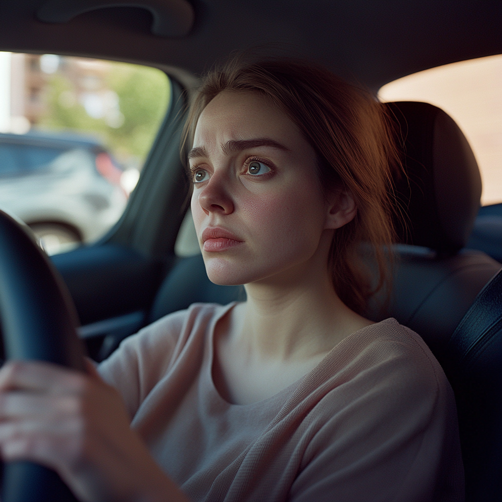 A woman sitting in a car with her hands clenched around the steering wheel | Source: no source