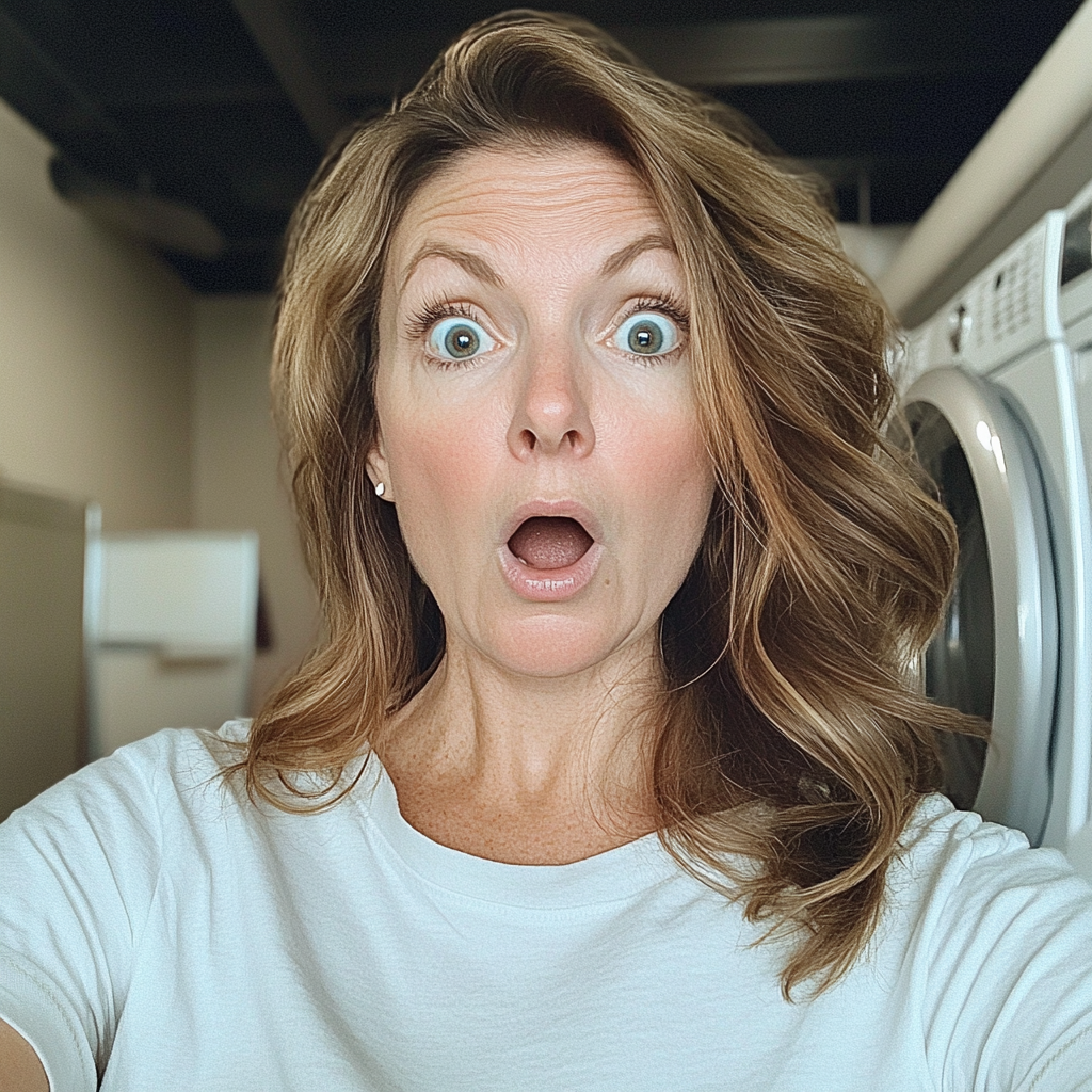 A shocked woman standing in a laundry room | Source: no source