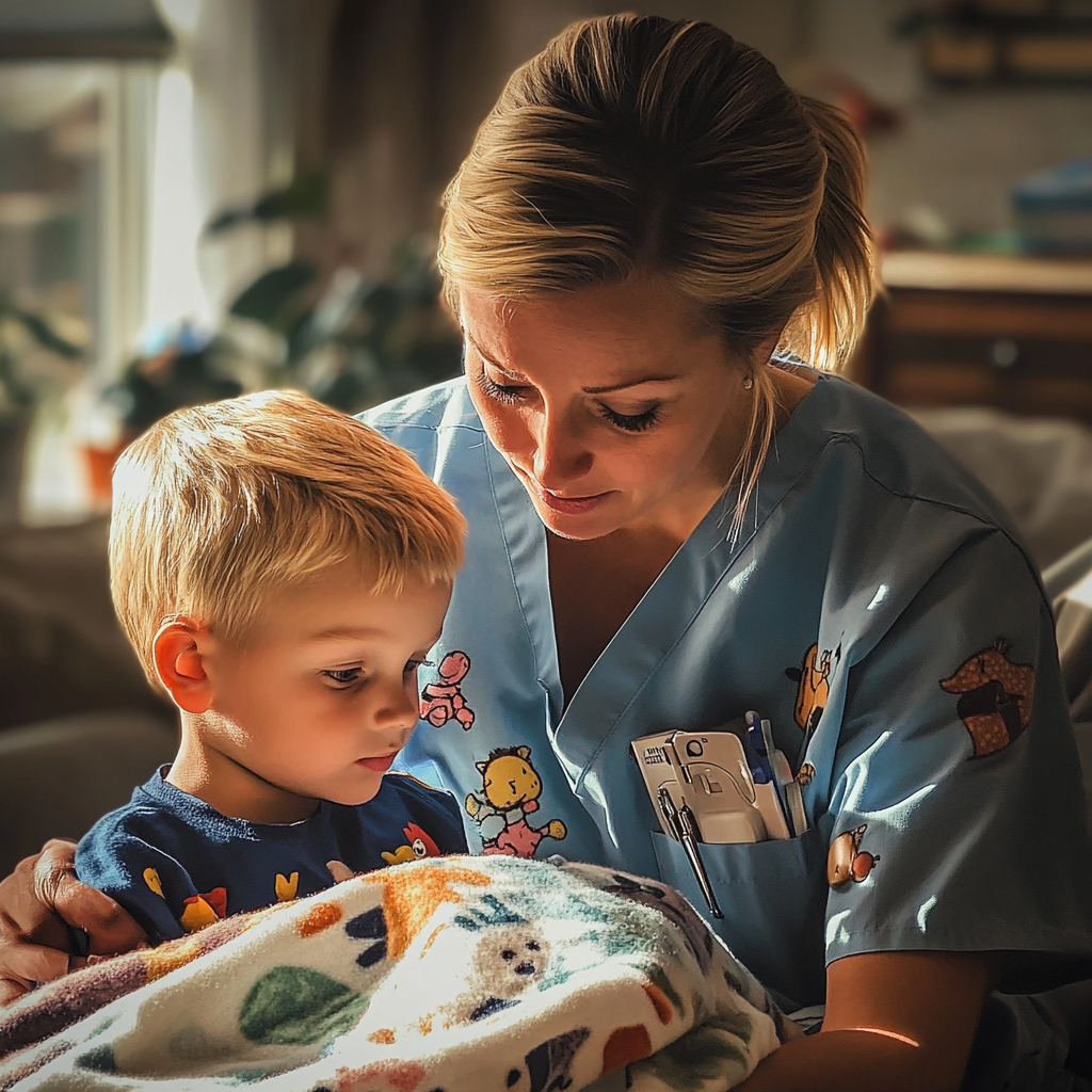 A woman wrapping her son in a blanket | Source: No source