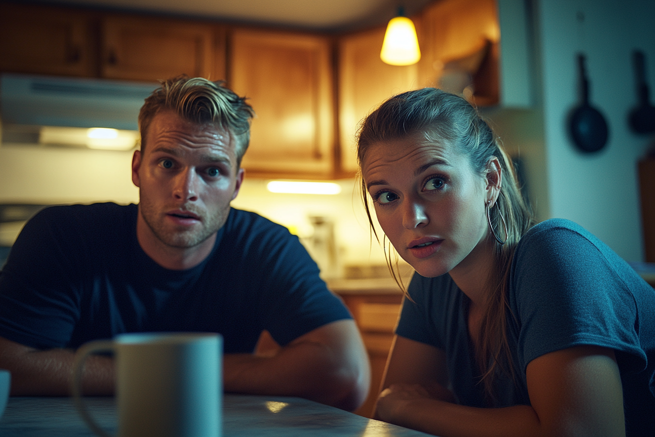 A man and woman in their 30s looking surprised and sad sitting at the kitchen table | Source: no source