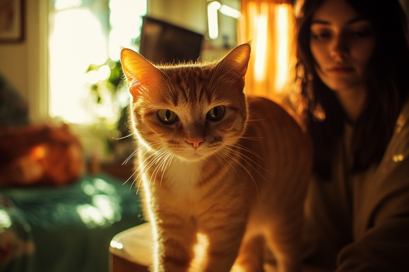 Ginger cat with woman in the background | Source: No source