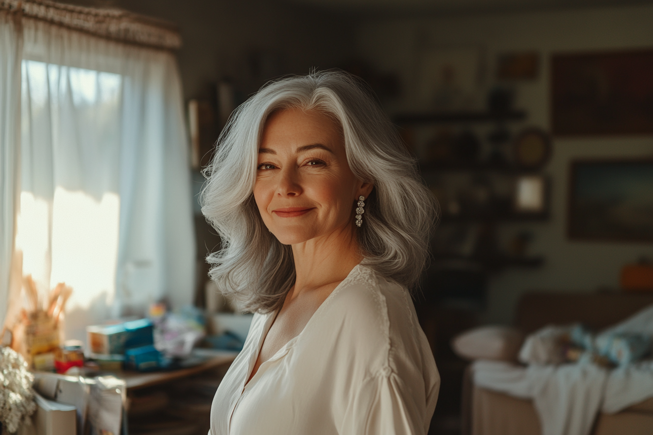A woman in her 60s smiling while standing in a messy living room full of baby stuff | Source: No source