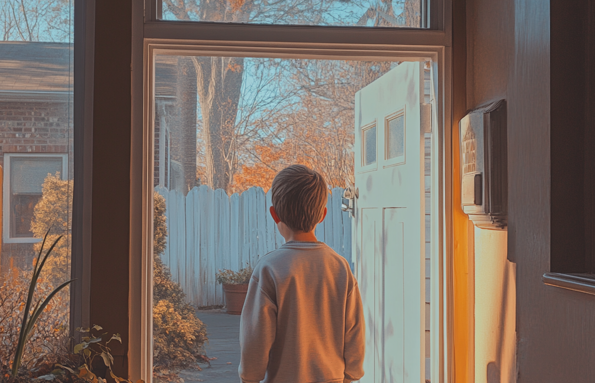 A child walking out of a door | Source: No source