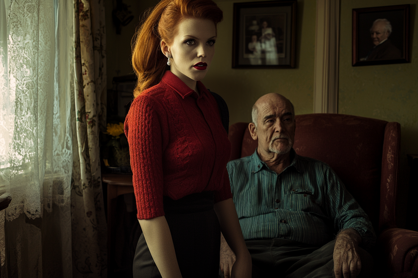 Woman in her 40s standing almost protectively in front of man in his 70s sitting in armchair | Source: no source