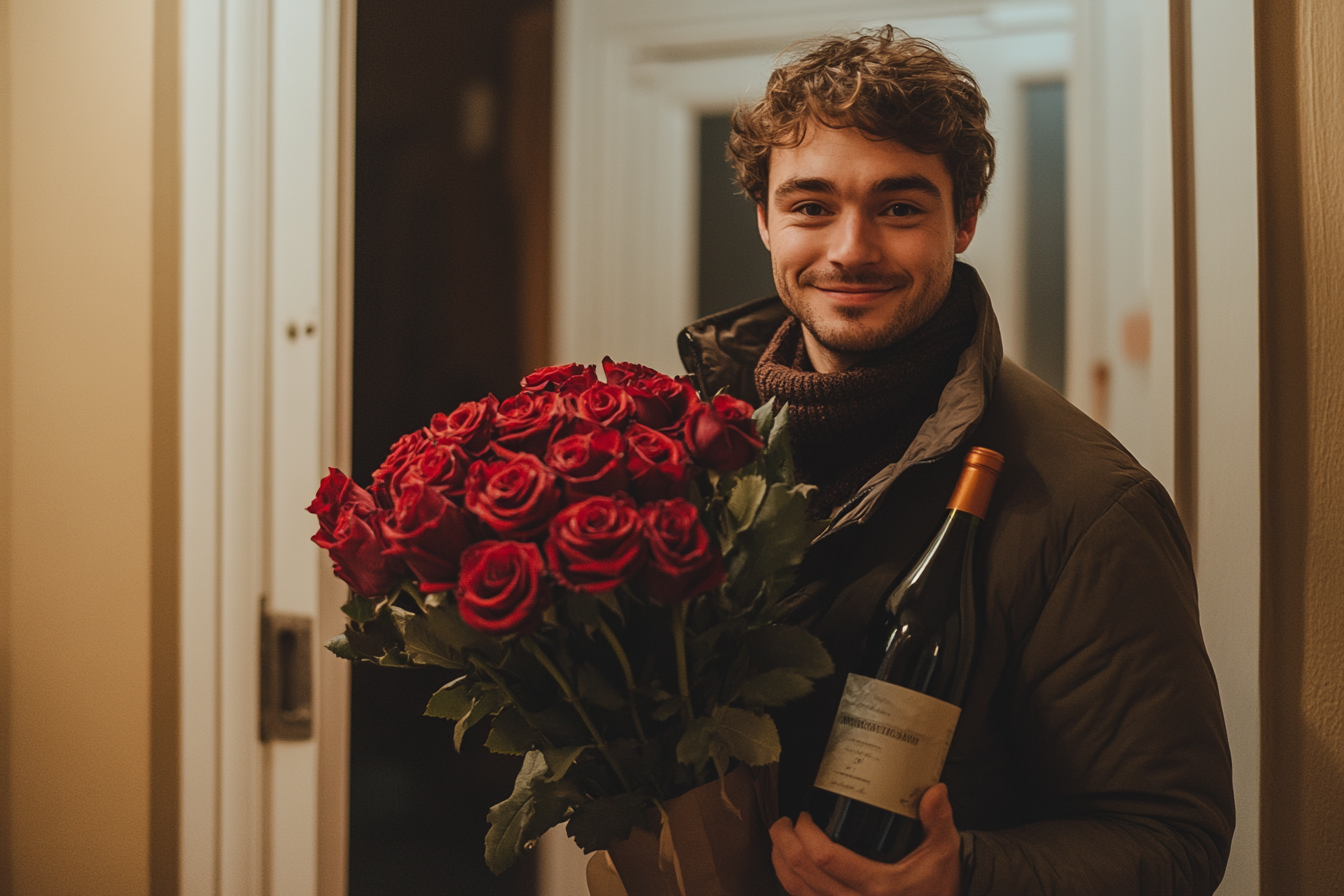 Man at the doorstep, holding roses and a bottle of wine | Source: no source