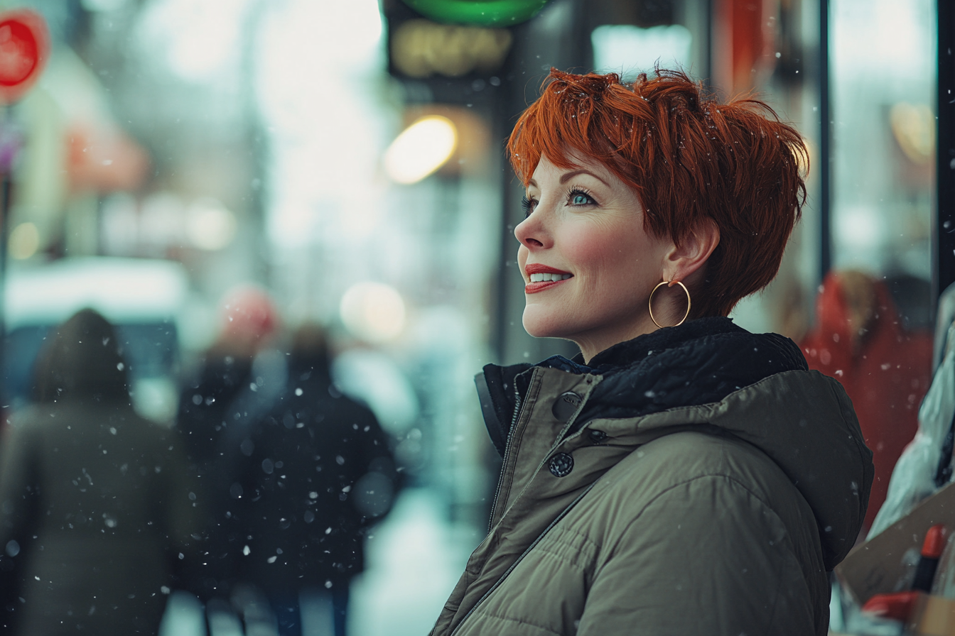 A woman in her late 30s smiling on a snowy street in the day | Source: No source