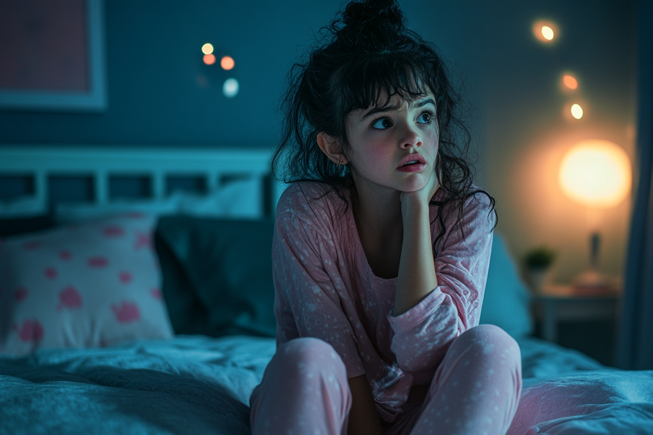 A 12-year-old girl sitting on her bed, late at night, looking confused and scared | Source: no source