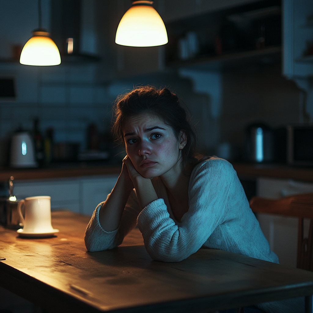 A sad woman sitting in her kitchen | Source: No source