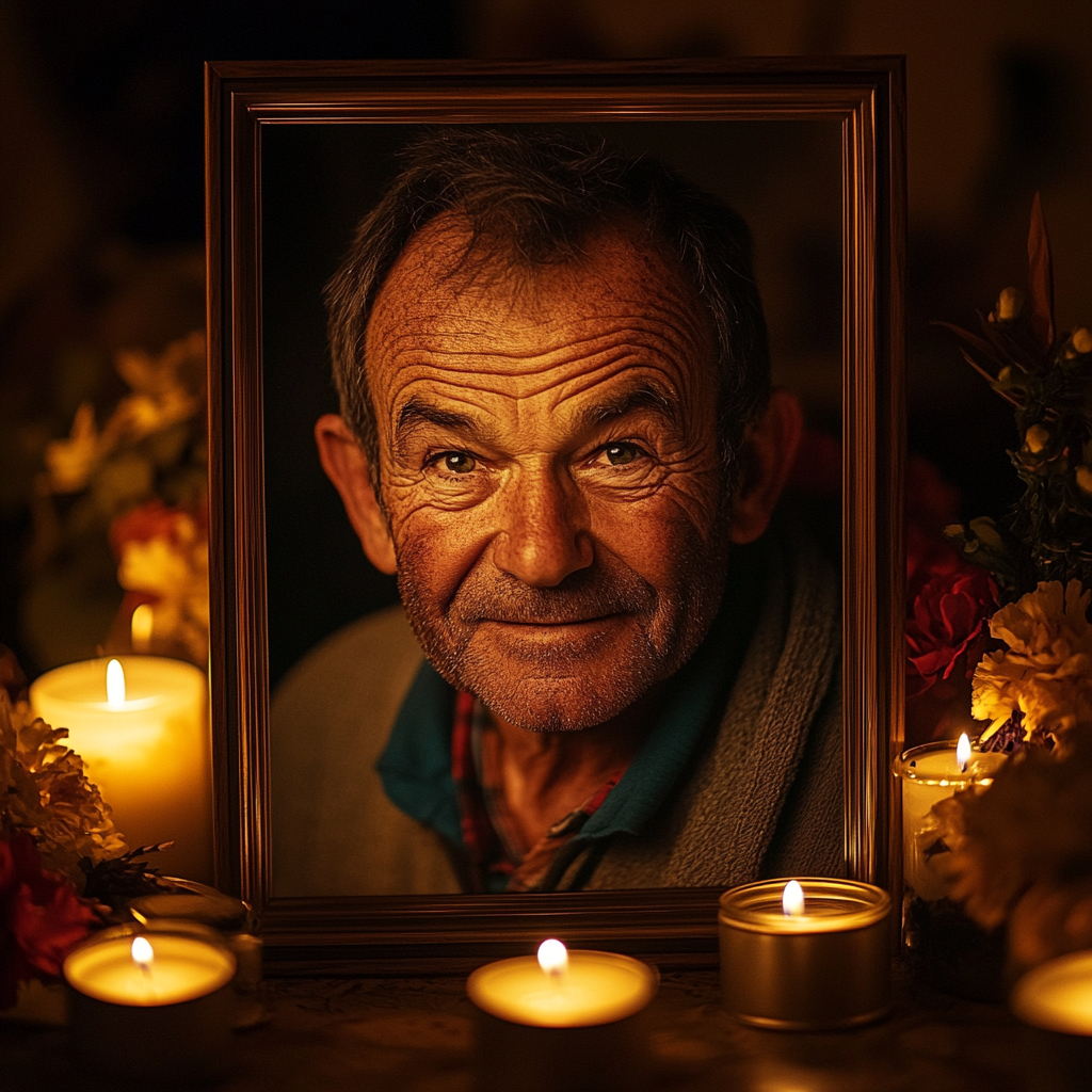 A framed photo of an older man adorned with scented candles and flowers | Source: no source
