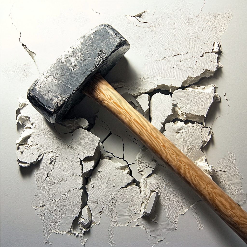 A sledgehammer and broken drywall | Source: No source