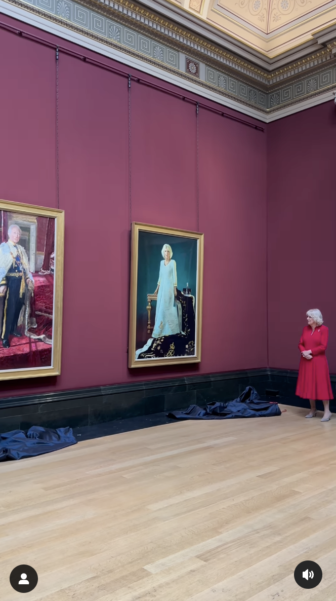 Queen Camilla is pictured standing next to her state coronation portrait, dated May 6, 2025 | Source: Instagram/theroyalfamily