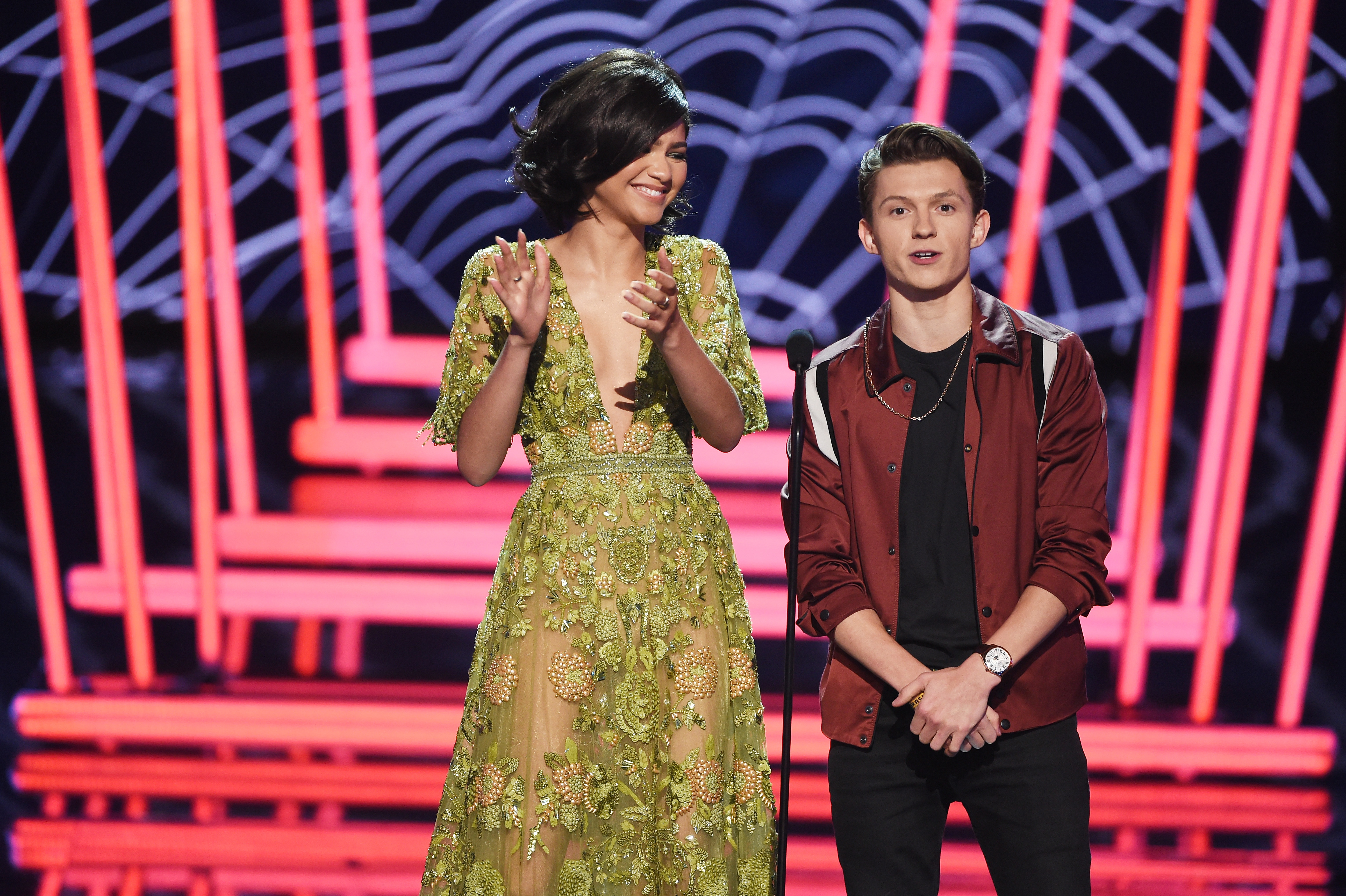 Zendaya and Tom Holland onstage during the 2017 MTV Movie and TV Awards on May 7 in Los Angeles, California. | Source: Getty Images