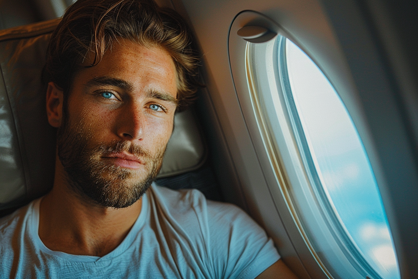 A young man sitting by the window in an airplane | Source: No source