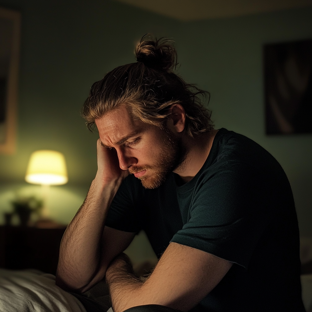 An upset man sitting on a bed | Source: No source