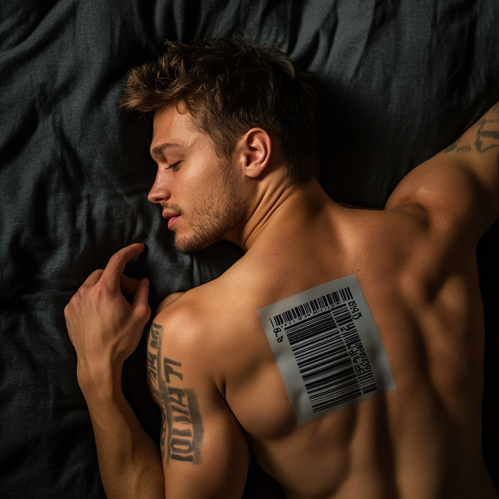 A man with a barcode on his back | Source: No source