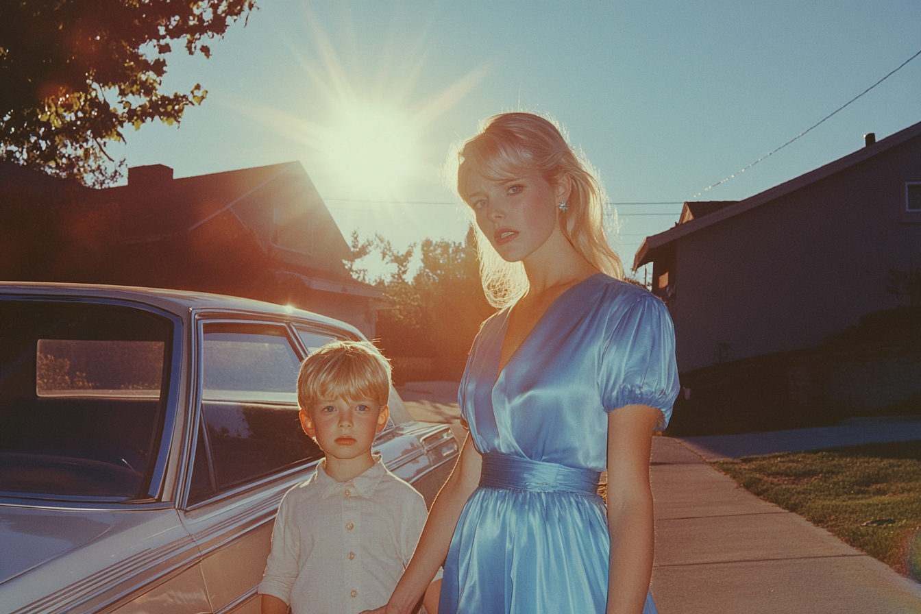 A woman standing next to a small boy in front of a car in a suburban neighborhood | Source: no source