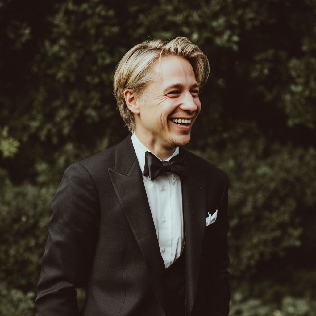 A laughing groom wearing a black tux | Source: No source