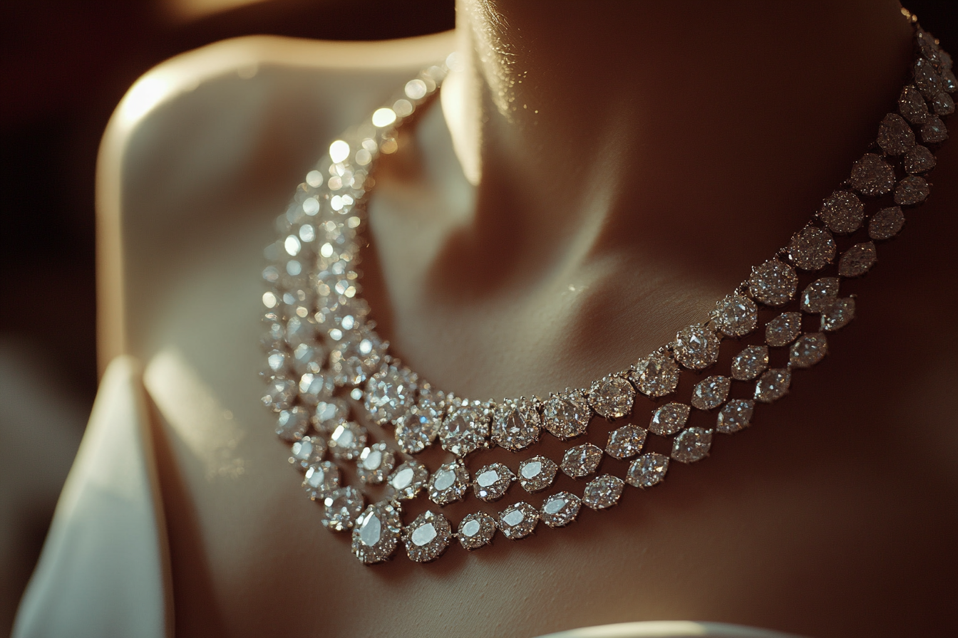 A flashy, big diamond necklace wrapped around a bride's neck | Source: no source