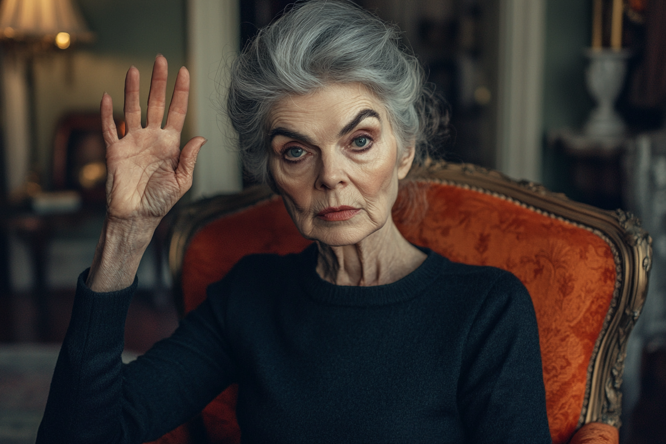 An elderly woman sitting in a wingback chair, raising a hand | Source: no source