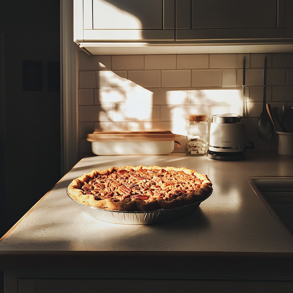 A pecan pie on a counter | Source: No source