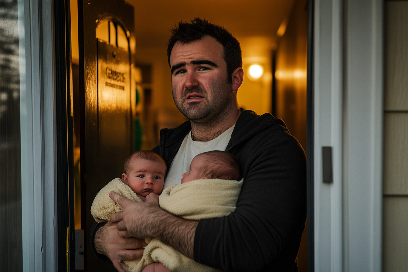 A man carrying twin babies into a house | Source: No source