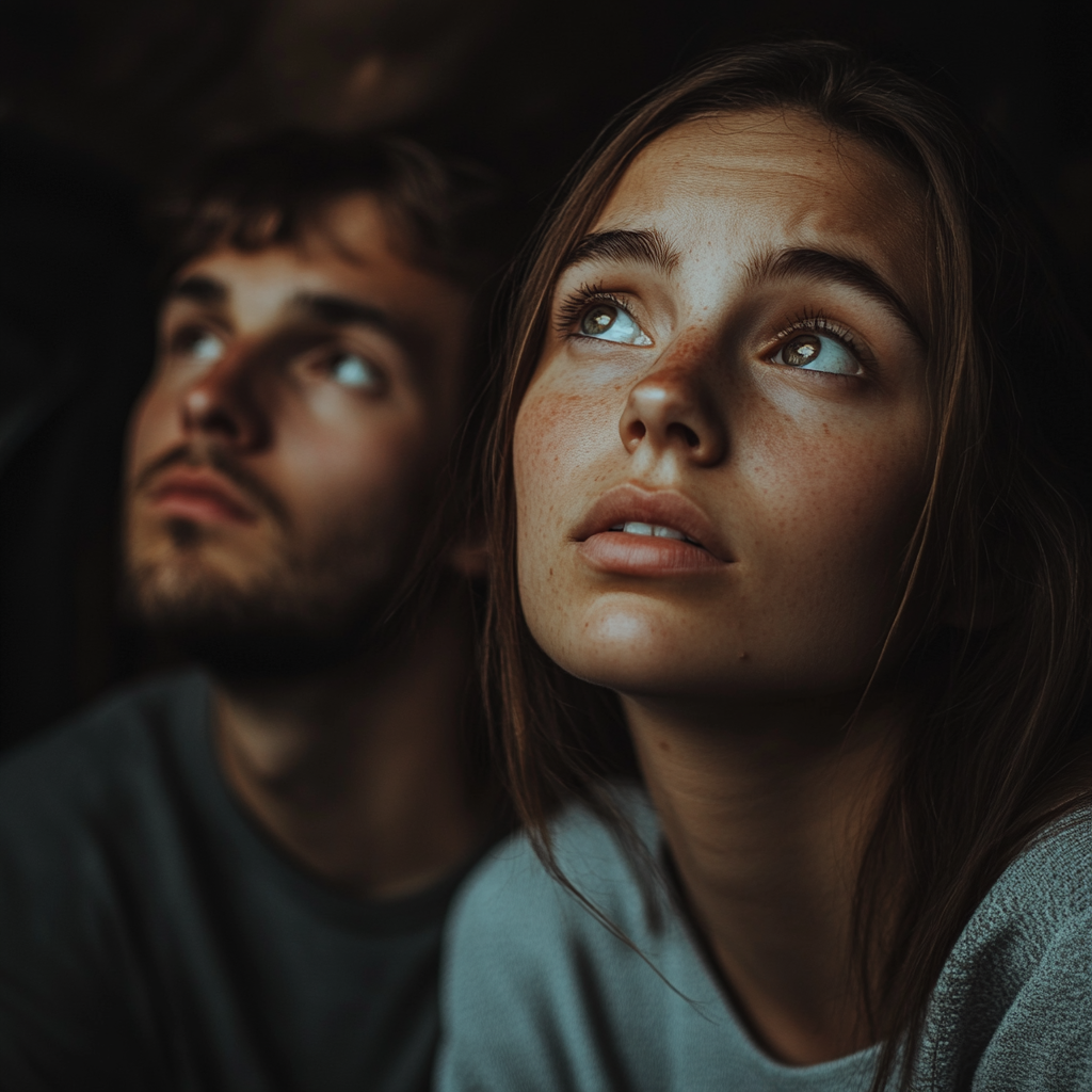 A thoughtful woman sitting by her husband | Source: No source