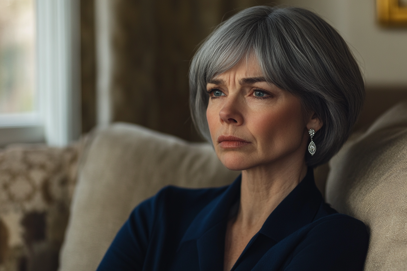 Worried woman in her 50s sitting on a couch | Source: No source