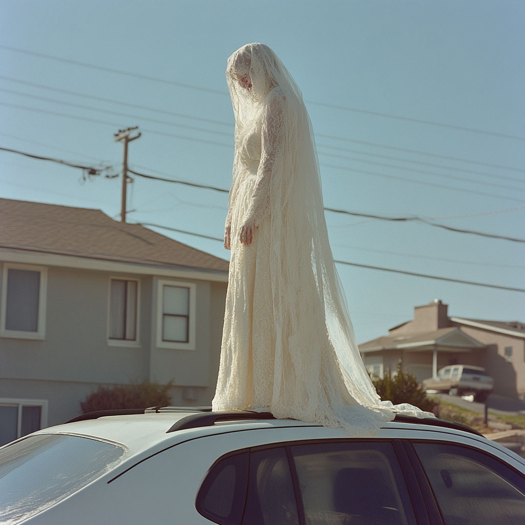 An angry woman in a wedding dress standing on top of a car | Source: No source