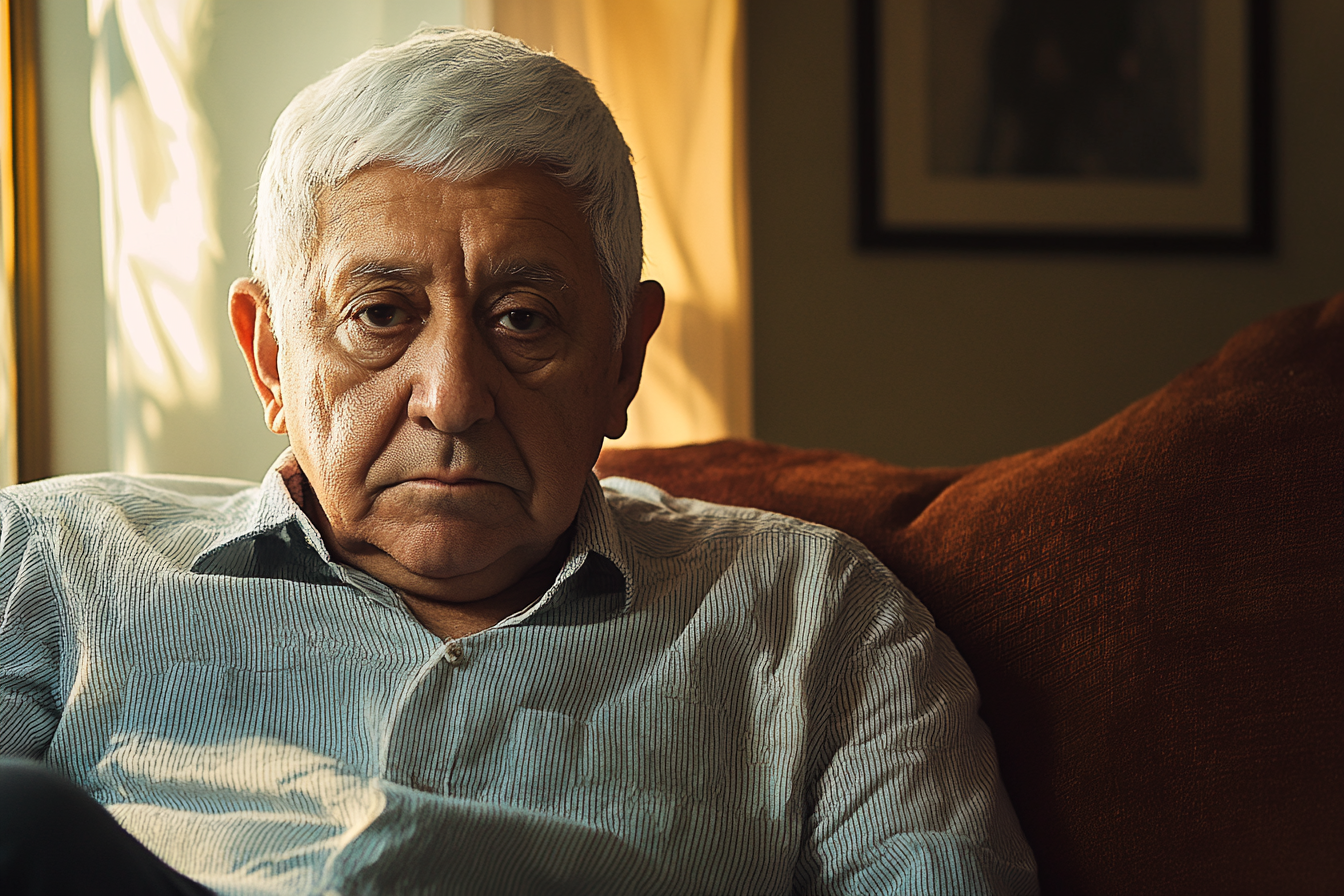 A man sitting on a couch, looking down | Source: No source