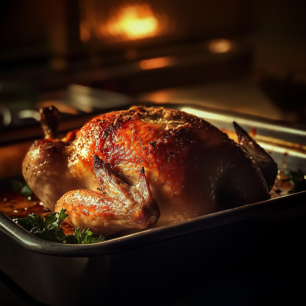 A roast chicken on a tray | Source: No source