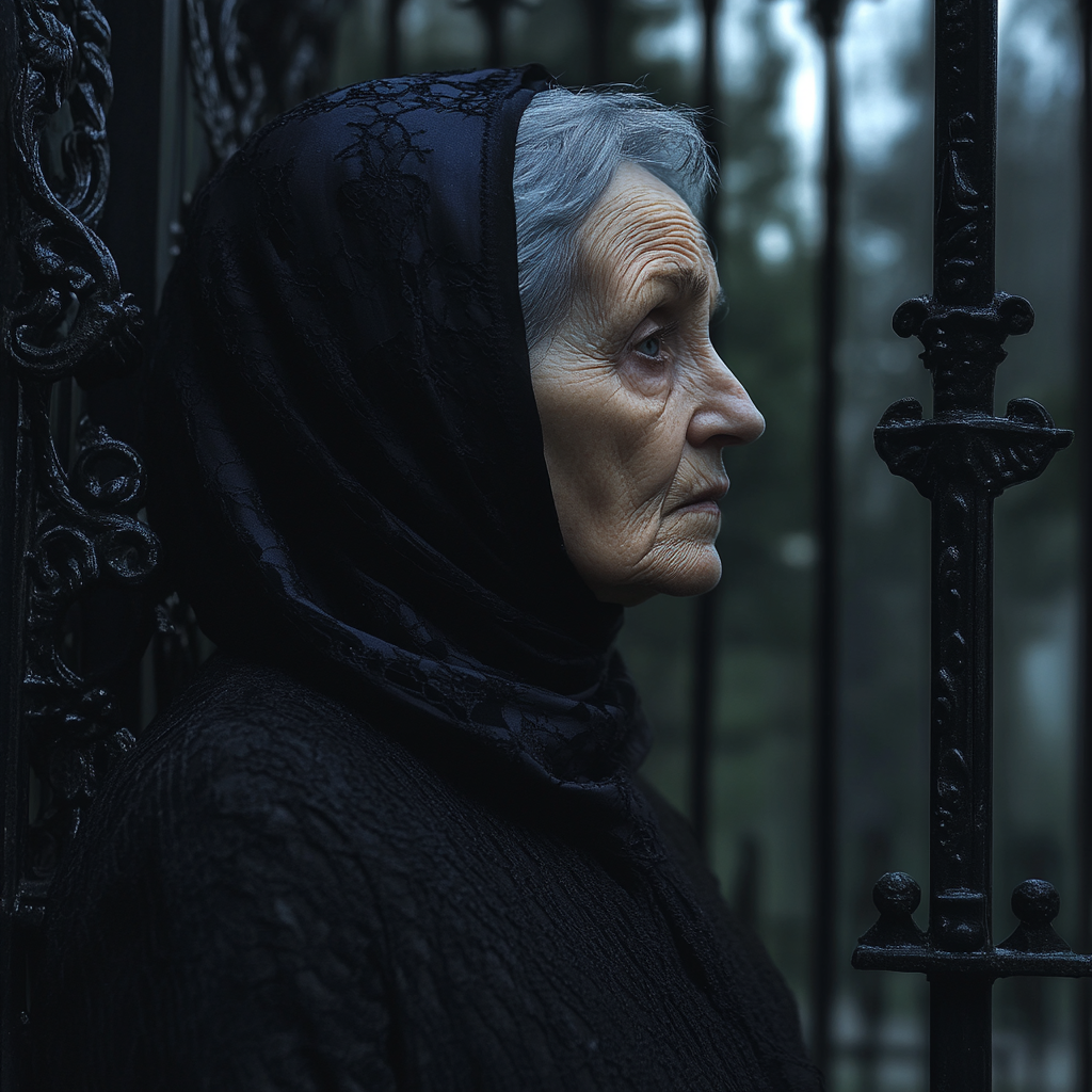 A sad woman at the cemetery gates | Source: No source