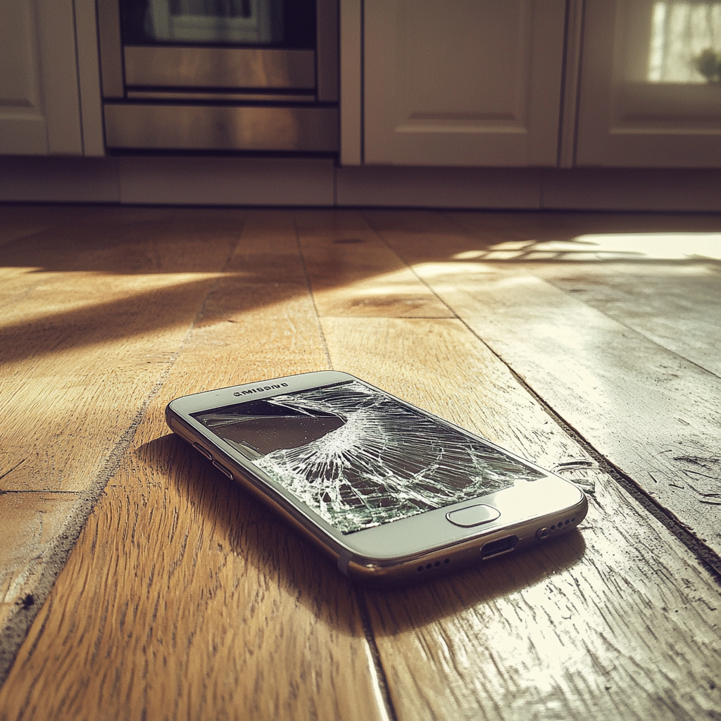 A broken cellphone on a wooden floor | Source: no source