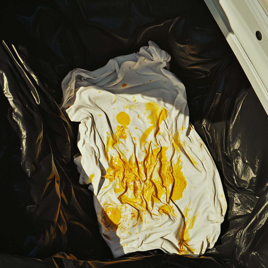 A white t-shirt bearing egg stains | Source: no source