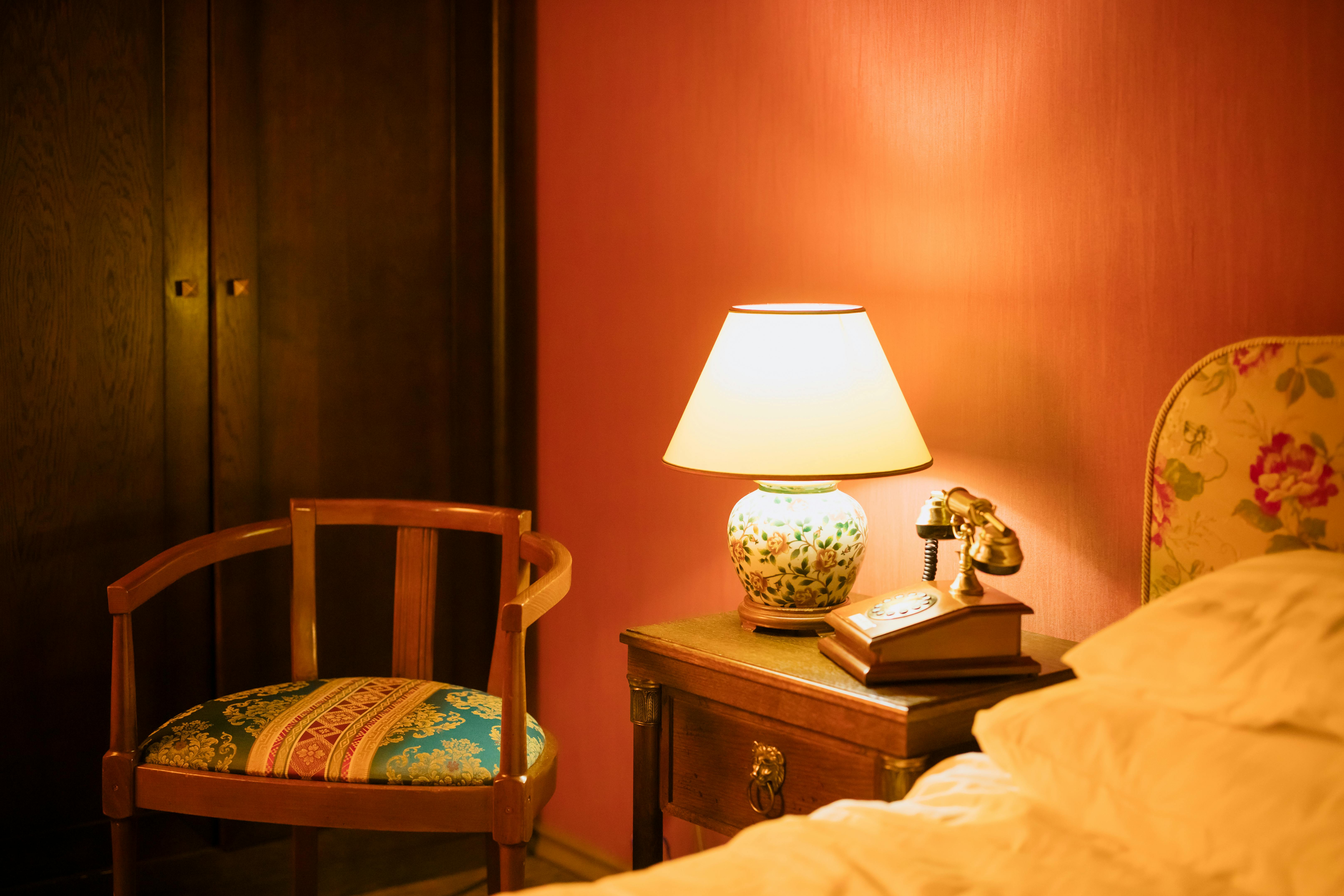 Retro hotel room at night
