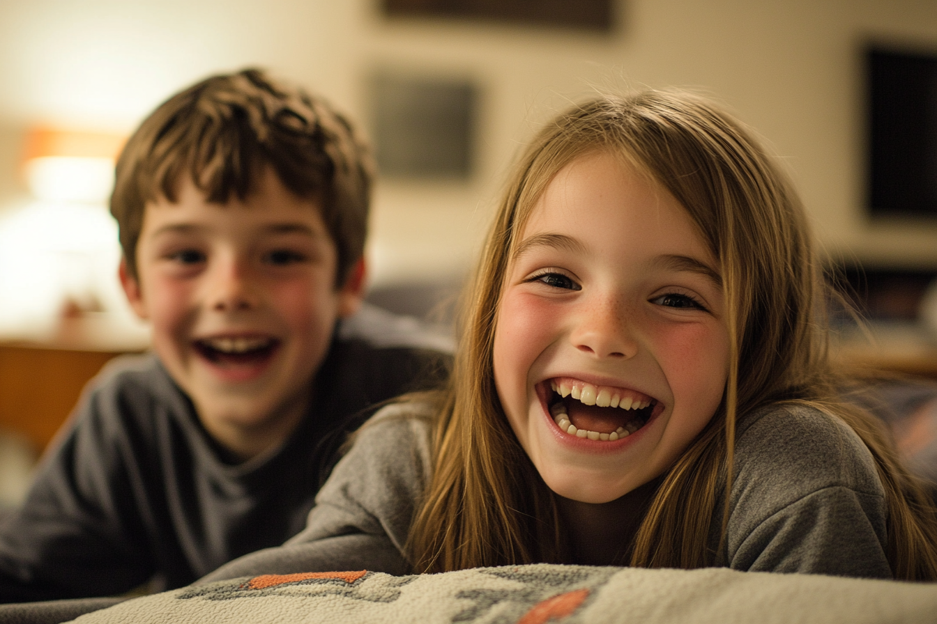 Happy siblings on a sofa | Source: No source