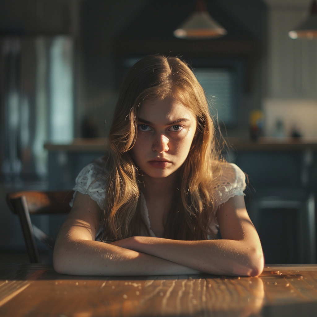 An upset girl sitting at a table | Source: No source