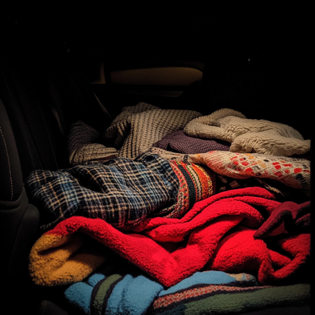 A pile of blankets in a car | Source: no source
