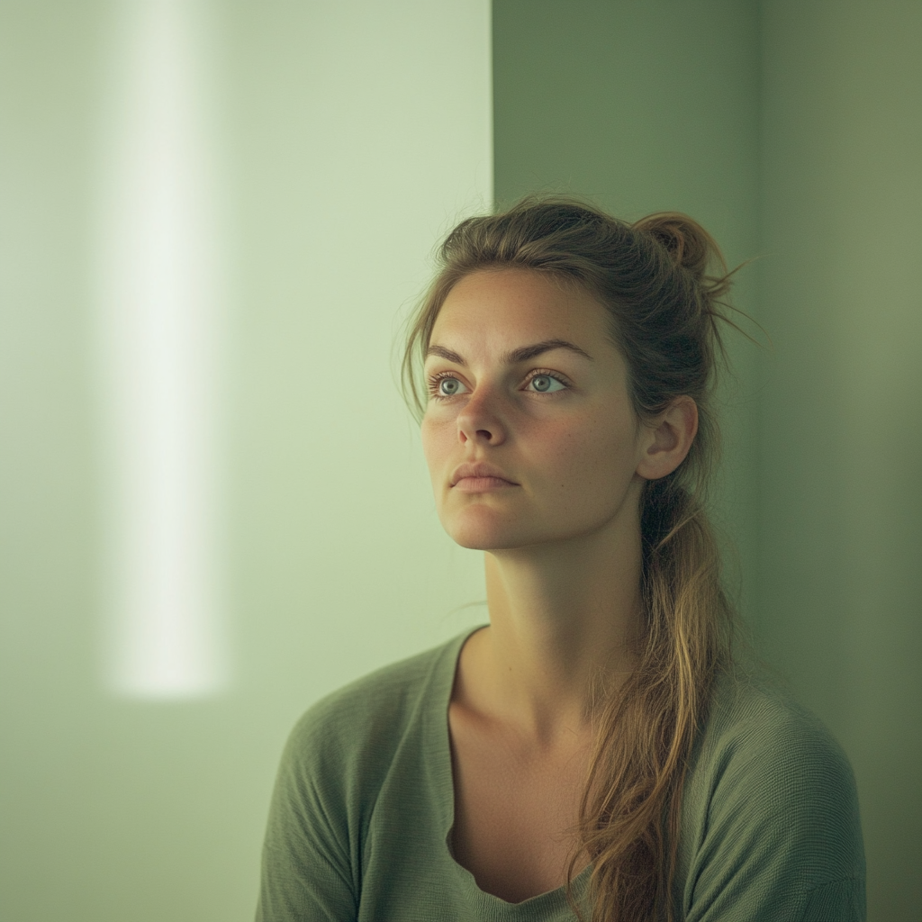 A woman standing in a room and looking at someone | Source: no source