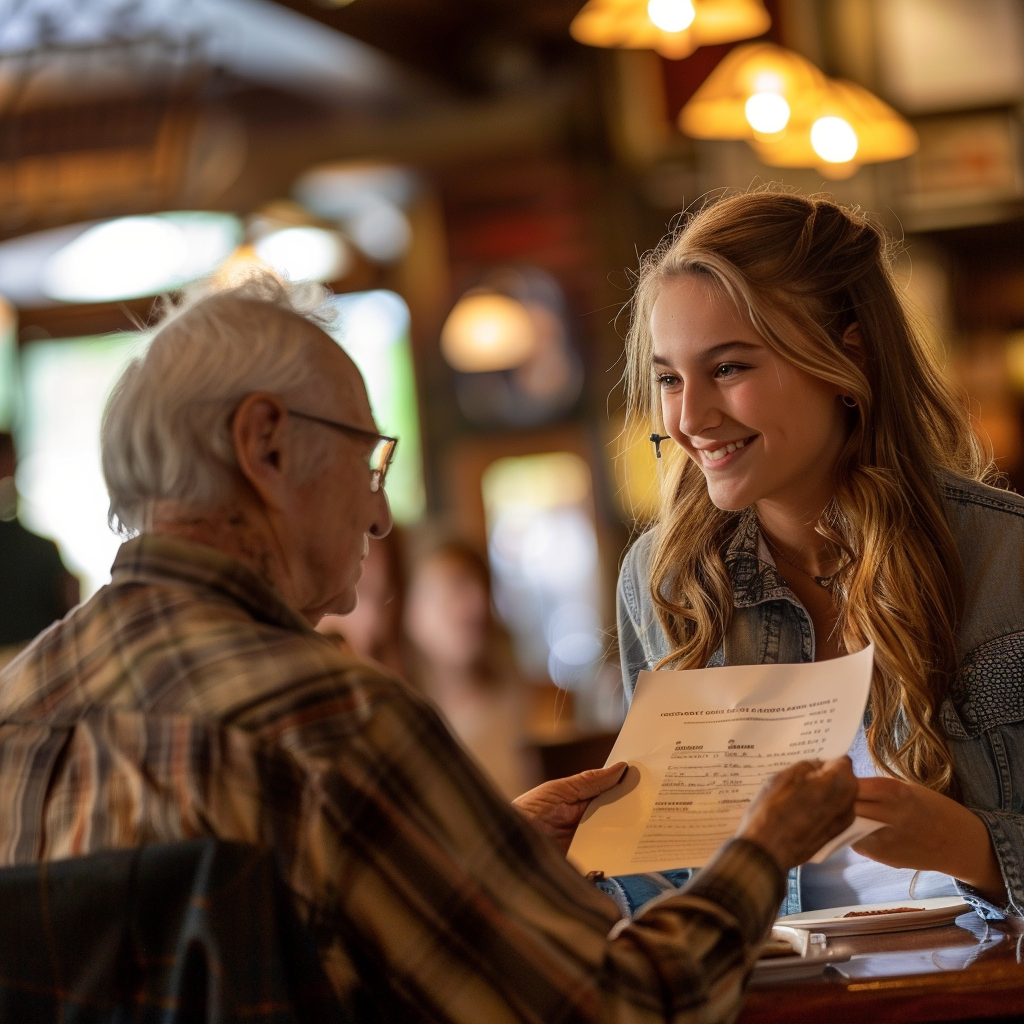 The girl handing her Grandpa the bill | Source: no source