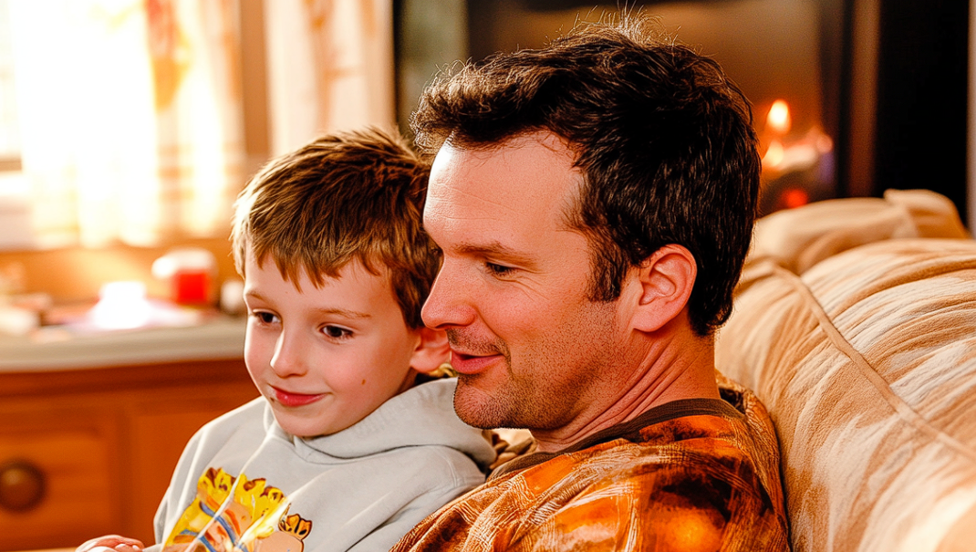 A man and a boy sitting on a sofa together | Source: no source