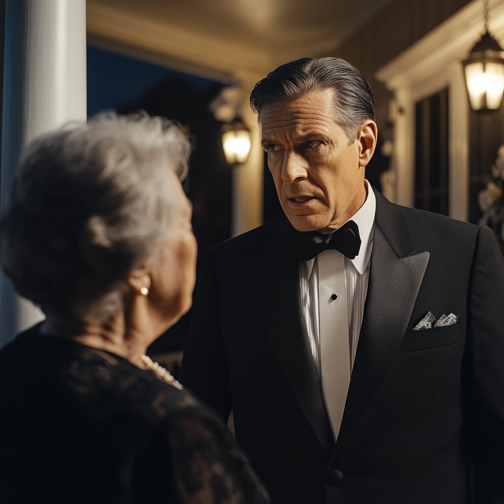 A serious agent talking to an elderly woman | Source: No source