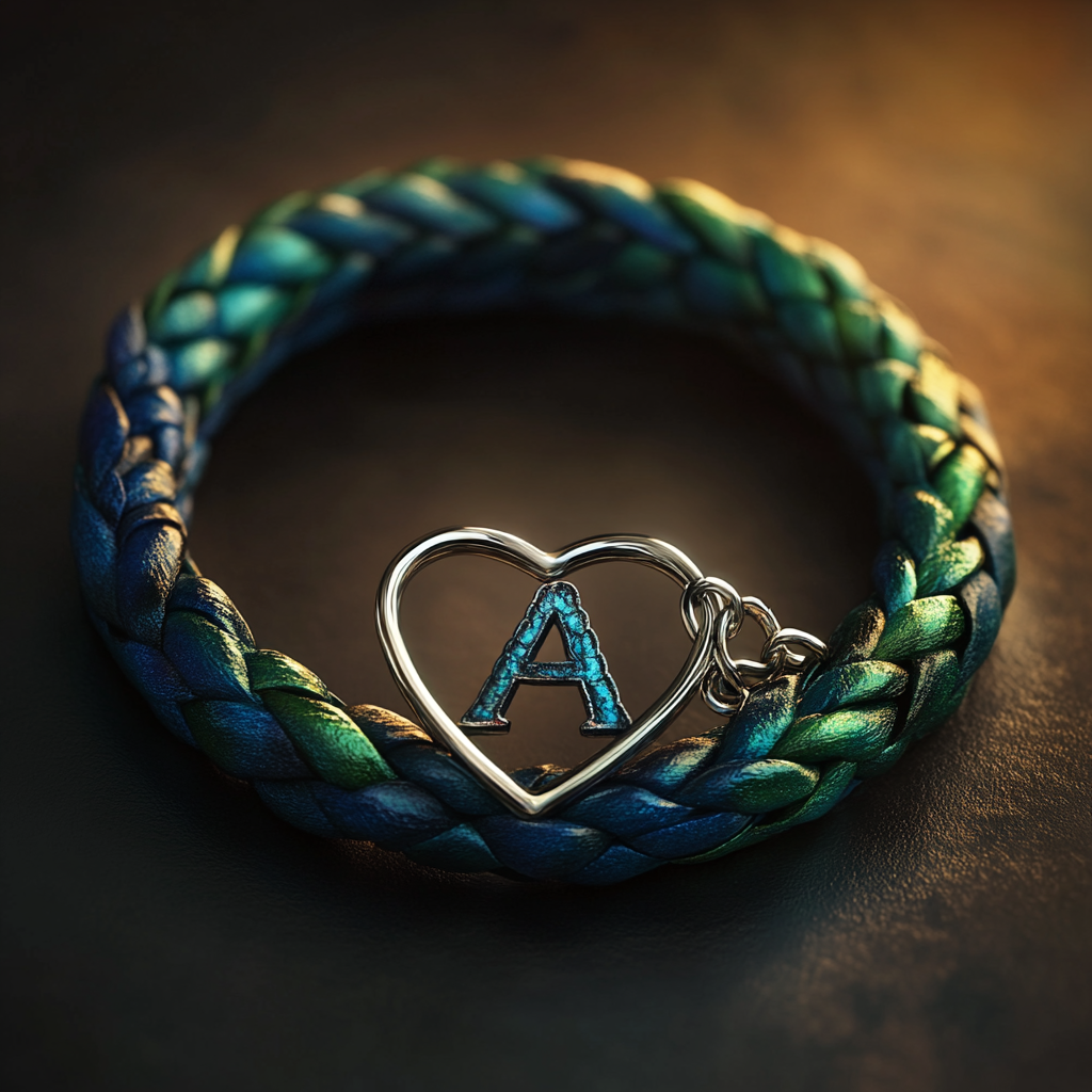 A blue and green braided leather bracelet bearing an initial in a heart-shaped ornament | Source: No source