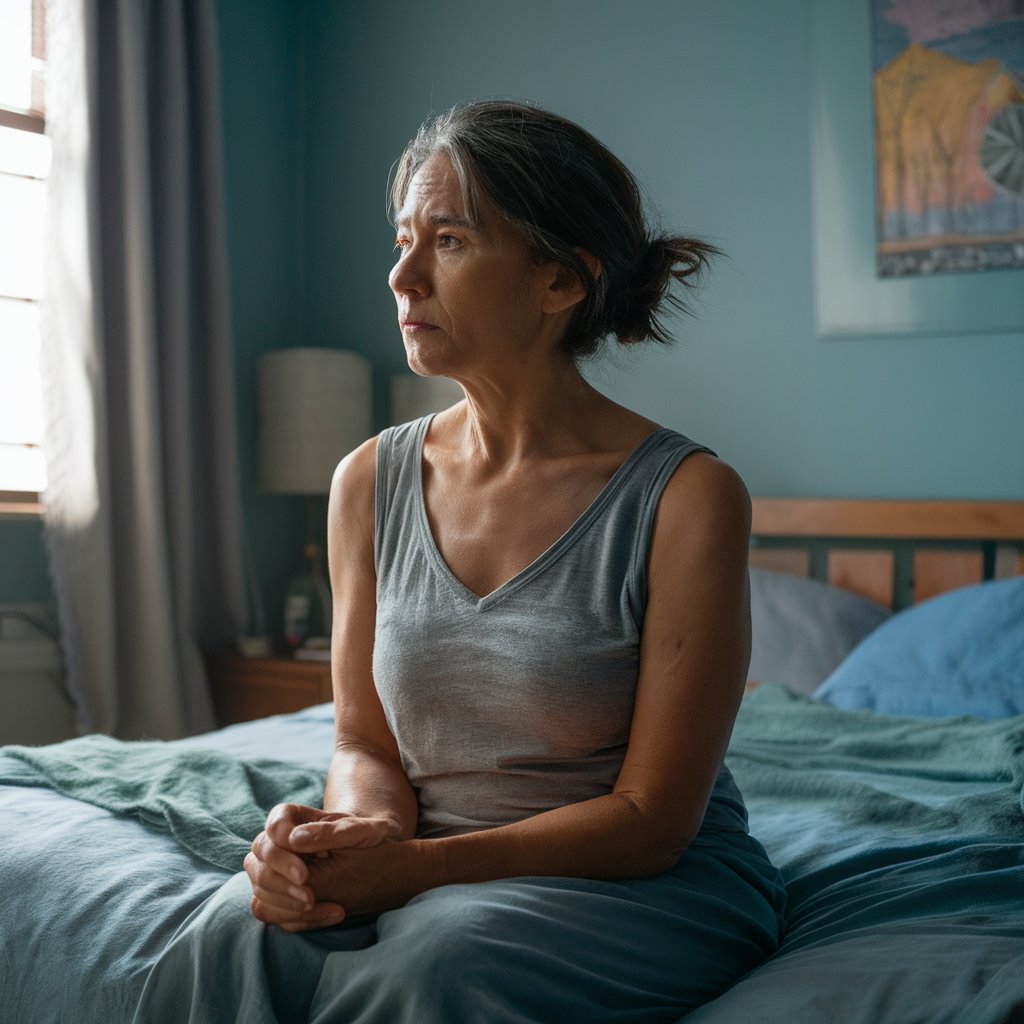 A tired-looking woman sitting up in bed | Source: no source
