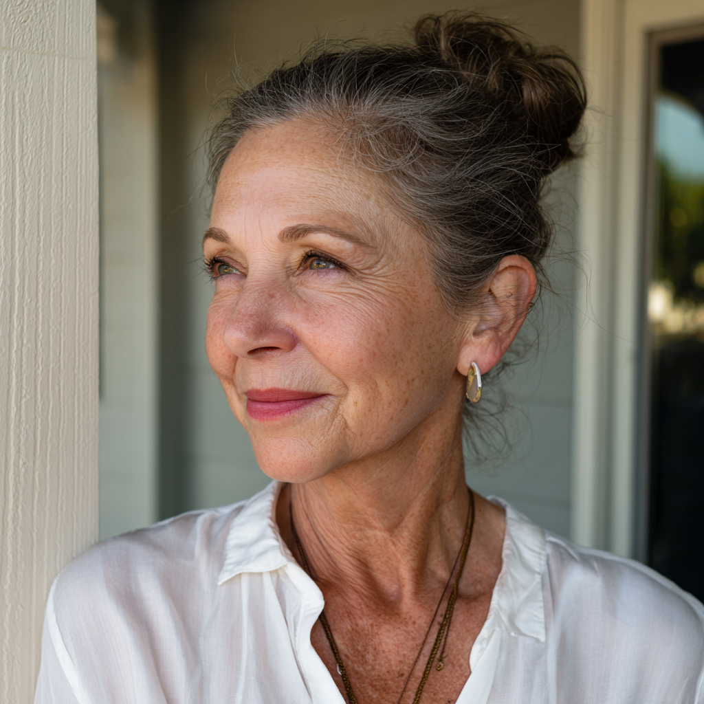 A smiling woman standing on a porch | Source: No source