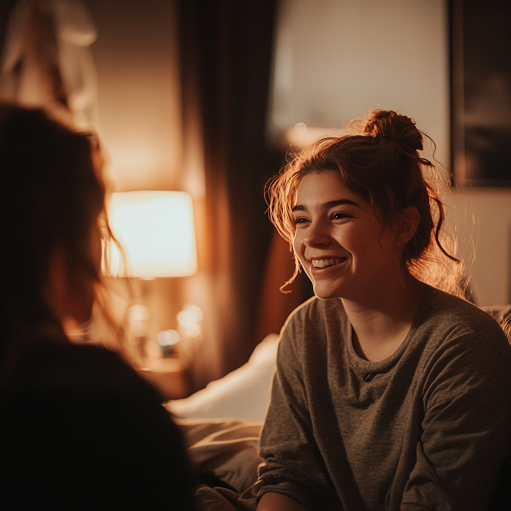 A smiling woman talking to her sister in her bedroom | Source: no source